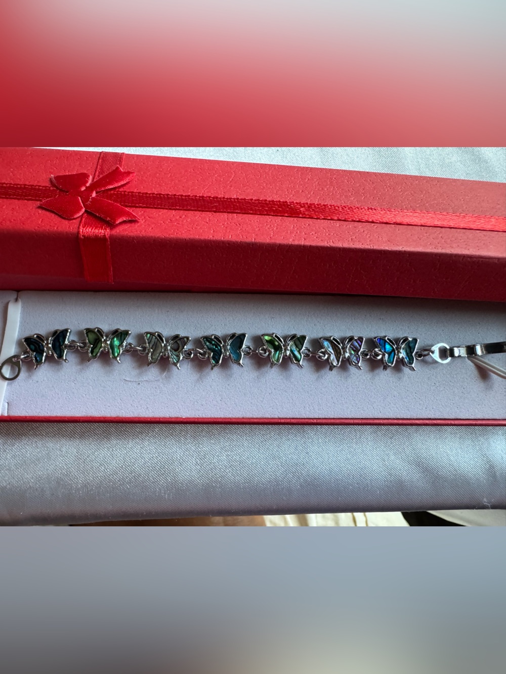 Butterfly silver tone Link Bracelet with Blue,Green,teal and purple accents